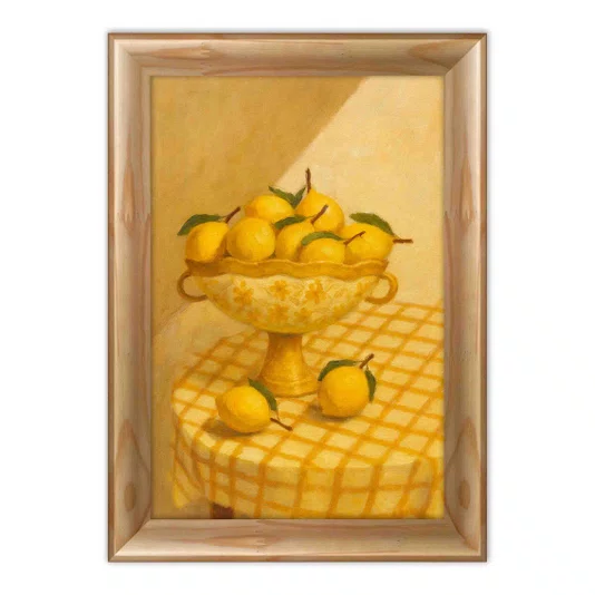 Quadro Decorativo Composição de Limões em Taça e Toalha Xadrez, Tons Monocromáticos de Amarelo e Iluminação Dramática