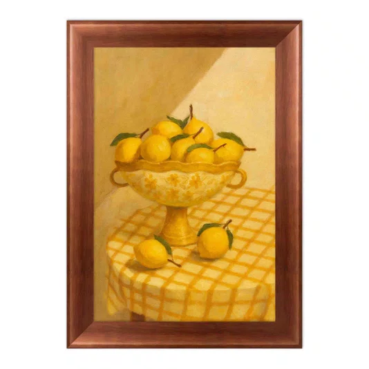 Quadro Decorativo Composição de Limões em Taça e Toalha Xadrez, Tons Monocromáticos de Amarelo e Iluminação Dramática