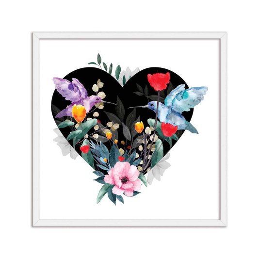 Quadro Decorativo Coração com Folhas e Pássaros Beija Flor