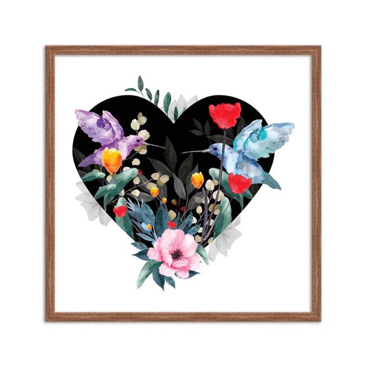 Quadro Decorativo Coração com Folhas e Pássaros Beija Flor