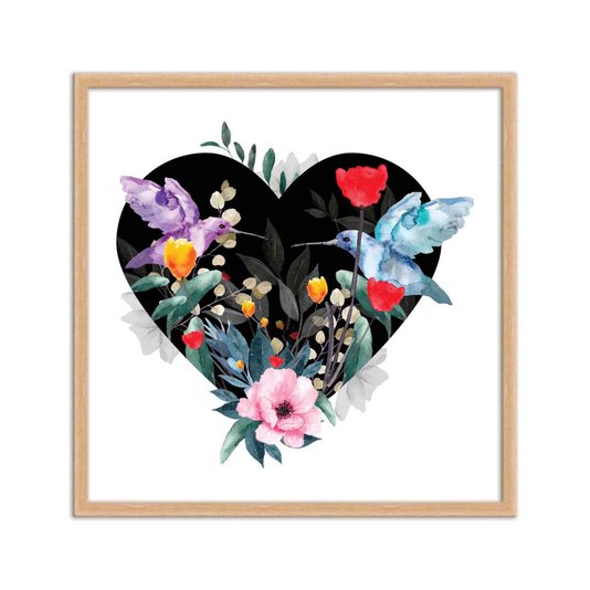 Quadro Decorativo Coração com Folhas e Pássaros Beija Flor