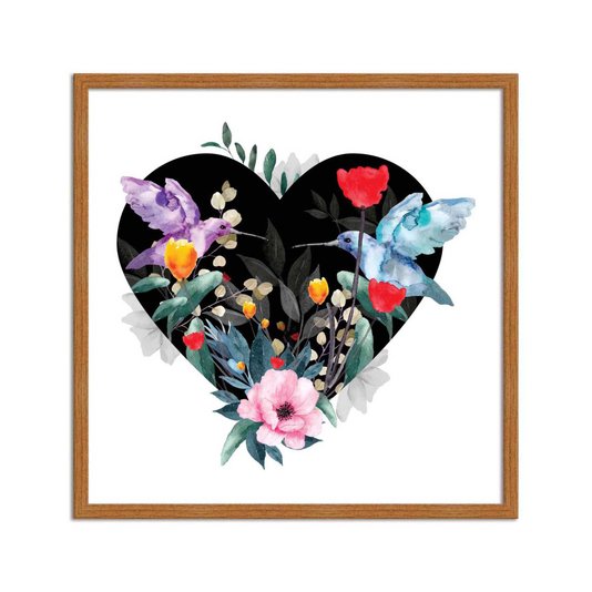 Quadro Decorativo Coração com Folhas e Pássaros Beija Flor