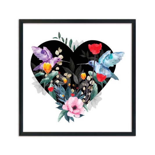 Quadro Decorativo Coração com Folhas e Pássaros Beija Flor
