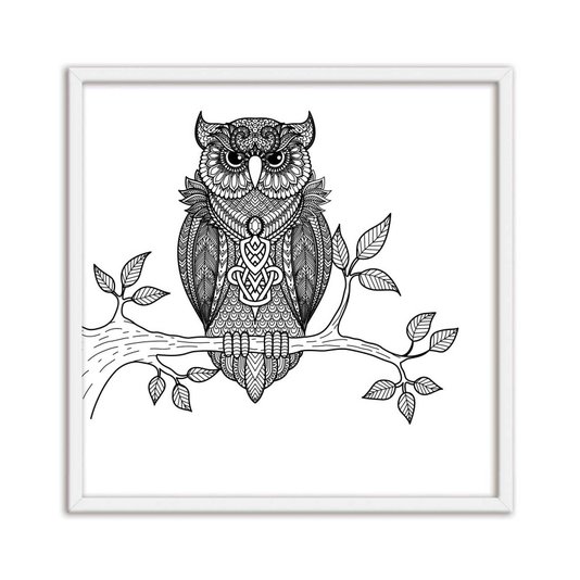 Quadro Decorativo Desenho da Coruja Preto e Branco