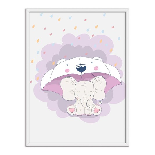 Quadro Decorativo Elefante Fofo Com Guarda-Chuva De Ursinho
