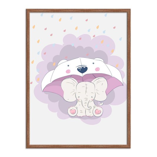 Quadro Decorativo Elefante Fofo Com Guarda-Chuva De Ursinho