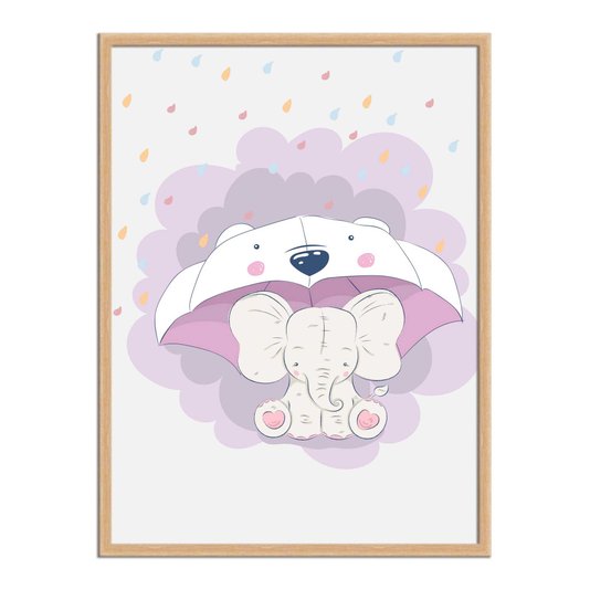 Quadro Decorativo Elefante Fofo Com Guarda-Chuva De Ursinho