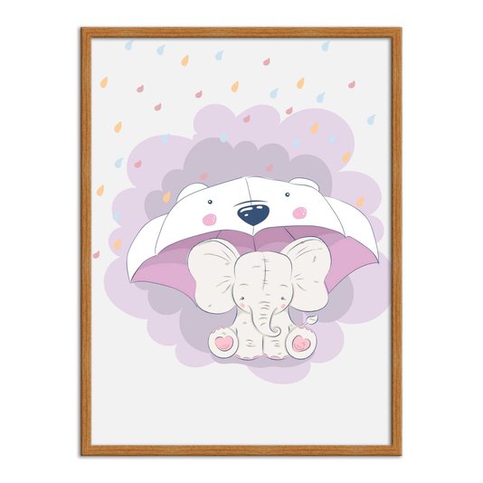 Quadro Decorativo Elefante Fofo Com Guarda-Chuva De Ursinho