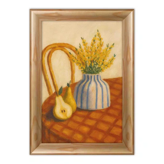 Quadro Decorativo Estilo Pintura Moderna Arranjo de Flores Amarelas em Vaso Listrado, Pêras e Cadeira de Palha em Paleta de Tons Terrosos