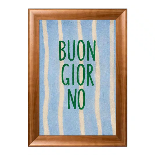 Quadro Decorativo Estilo Pintura Folk Moderna "Buon Giorno" em Verde, em Fundo de Padrão Listrado Azul Claro e Creme