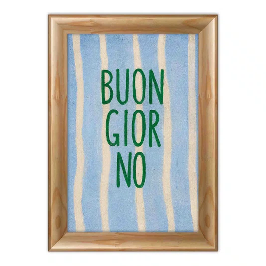 Quadro Decorativo Estilo Pintura Folk Moderna "Buon Giorno" em Verde, em Fundo de Padrão Listrado Azul Claro e Creme