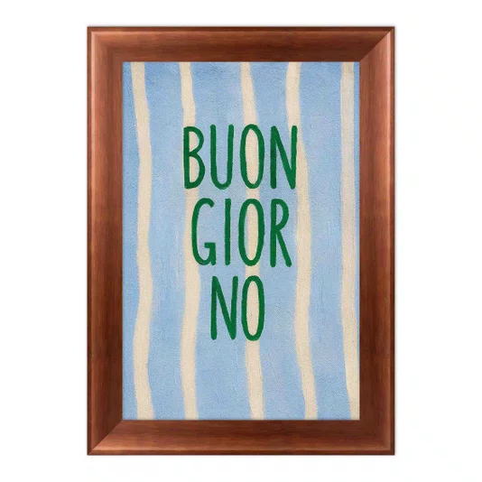 Quadro Decorativo Estilo Pintura Folk Moderna "Buon Giorno" em Verde, em Fundo de Padrão Listrado Azul Claro e Creme