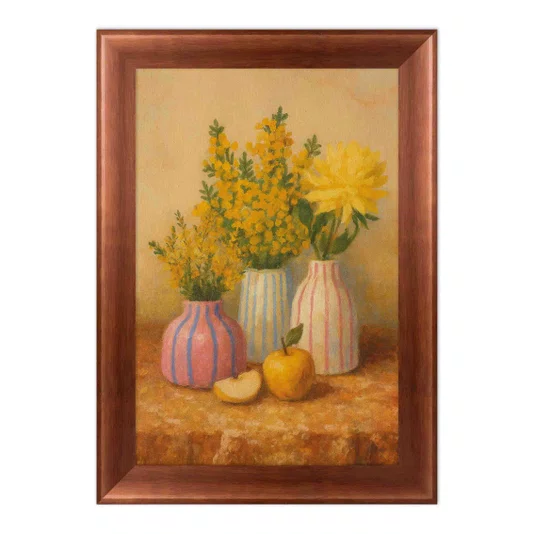 Quadro Decorativo Estilo Pintura Folk Moderna Composição de Arranjo Floral em Três Vasos Listrados e Maçã