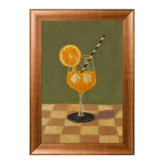 Quadro Decorativo Coquetel Vibrante com Gelo e Canudo Listrado em Fundo Verde Oliva