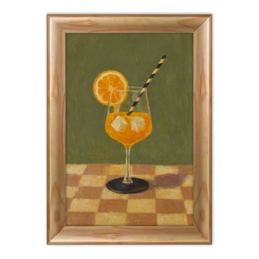 Quadro Decorativo Coquetel Vibrante com Gelo e Canudo Listrado em Fundo Verde Oliva