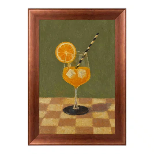 Quadro Decorativo Coquetel Vibrante com Gelo e Canudo Listrado em Fundo Verde Oliva