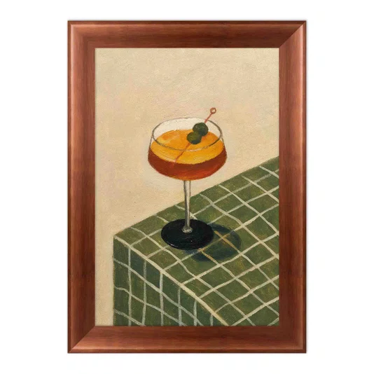 Quadro Decorativo Estilo Pintura Folk Moderna Composição de Coquetel Martini Guarnecido sobre Toalha Xadrez Verde Texturizada