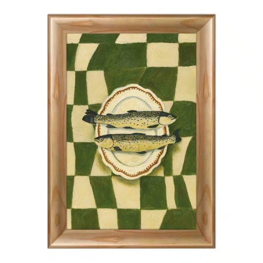 Quadro Decorativo Estilo Pintura Folk Moderna Composição de de Peixes no Prato Oval em Fundo com Padrão Xadrez Verde Texturizado