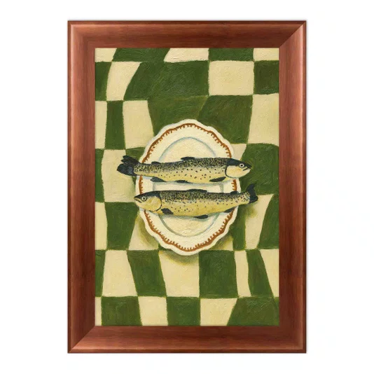 Quadro Decorativo Estilo Pintura Folk Moderna Composição de de Peixes no Prato Oval em Fundo com Padrão Xadrez Verde Texturizado