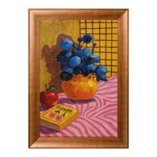 Quadro Decorativo Estilo Pintura Folk Moderna Composição de Flores Azuis e Maçã, com Vaso em Laranja Quente e Fundo Quadriculado