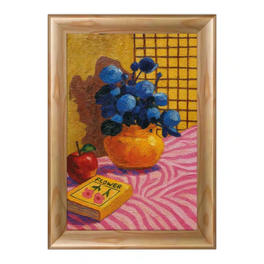 Quadro Decorativo Estilo Pintura Folk Moderna Composição de Flores Azuis e Maçã, com Vaso em Laranja Quente e Fundo Quadriculado