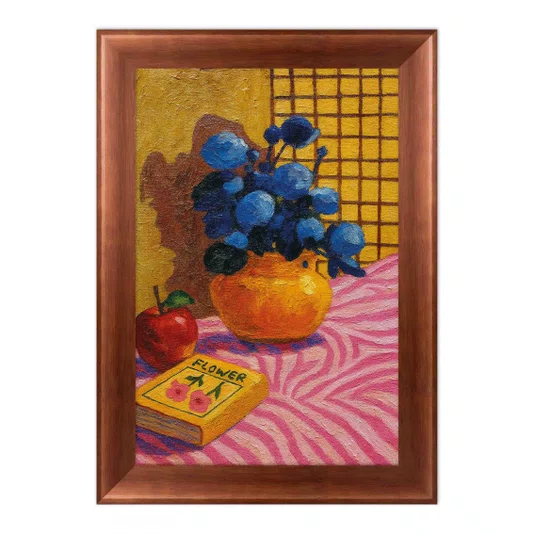 Quadro Decorativo Estilo Pintura Folk Moderna Composição de Flores Azuis e Maçã, com Vaso em Laranja Quente e Fundo Quadriculado