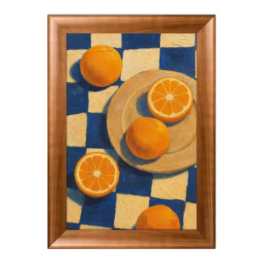 Quadro Decorativo Estilo Pintura Folk Moderna Composição de Laranjas no Prato e sobre o Fundo Xadrez Azul Texturizado