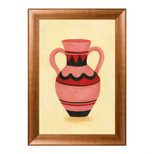 Quadro Decorativo Estilo Pintura Folk Moderna Composição de Vaso sobre Toalha Quadriculada Amarela, com Pinceladas Texturizadas