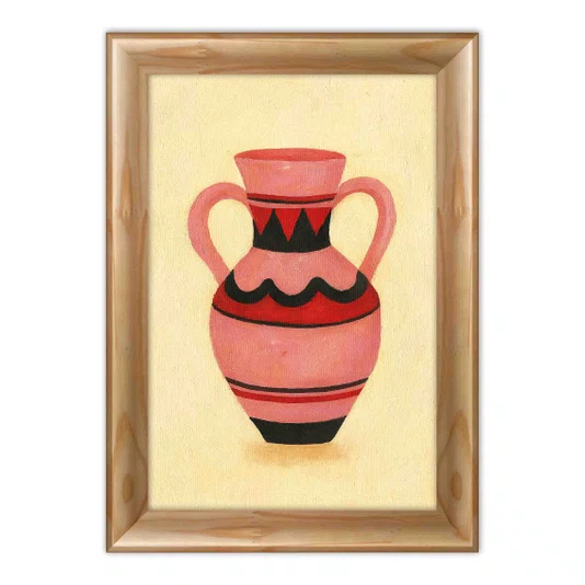 Quadro Decorativo Estilo Pintura Folk Moderna Composição de Vaso sobre Toalha Quadriculada Amarela, com Pinceladas Texturizadas