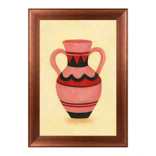 Quadro Decorativo Estilo Pintura Folk Moderna Composição de Vaso sobre Toalha Quadriculada Amarela, com Pinceladas Texturizadas