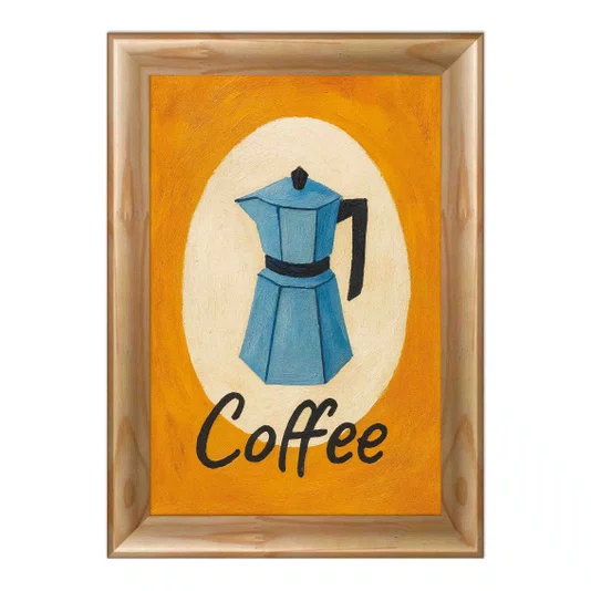 Quadro Decorativo Estilo Pintura Folk Moderna/Retrô Moka Italiana Azul em Círculo Creme com Fundo Laranja Vibrante