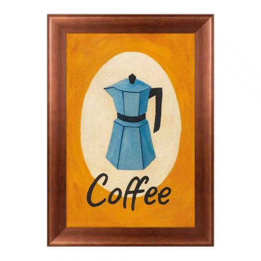 Quadro Decorativo Estilo Pintura Folk Moderna/Retrô Moka Italiana Azul em Círculo Creme com Fundo Laranja Vibrante