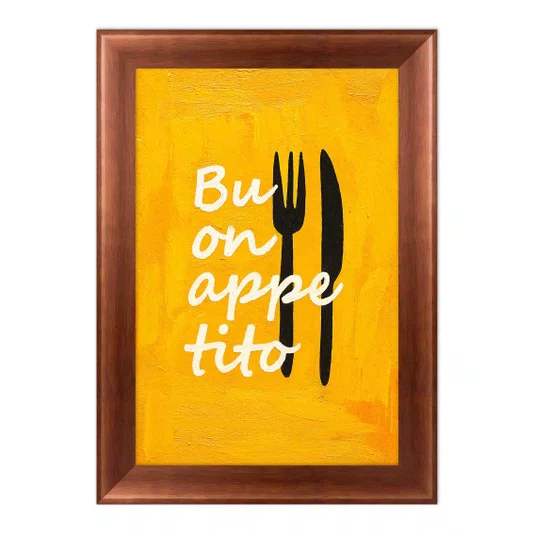 Quadro Decorativo Estilo Pintura Folk Moderno/Pop "Buon Appetito" sobre Fundo Amarelo, com Silhuetas de Talheres e Textura Expressiva
