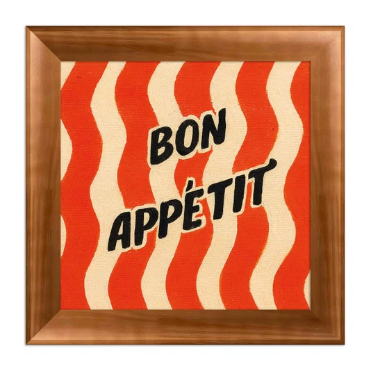 Quadro Decorativo Estilo Pintura Retrô Pop "Bon Appétit" em Fundo de Ondas Vermelhas e Creme com Textura de Pinceladas