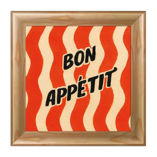 Quadro Decorativo Estilo Pintura Retrô Pop "Bon Appétit" em Fundo de Ondas Vermelhas e Creme com Textura de Pinceladas