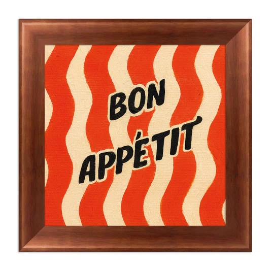 Quadro Decorativo Estilo Pintura Retrô Pop "Bon Appétit" em Fundo de Ondas Vermelhas e Creme com Textura de Pinceladas
