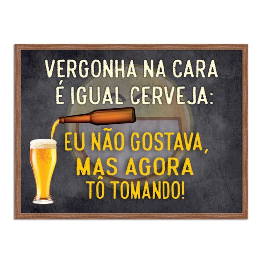 Quadro Decorativo Frases de Boteco - Vergonha na Cara é Igual a Cerveja: Eu não Gostava Mas Agora Tô Tomando