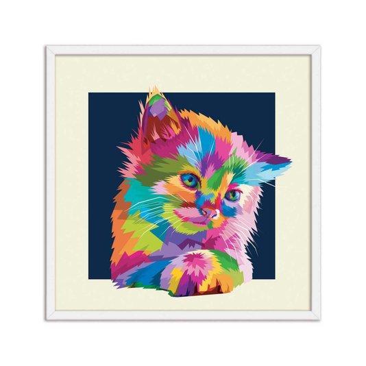 Quadro Decorativo Gatinho Fofo Pop Art e Colorido Fundo Bege