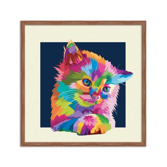 Quadro Decorativo Gatinho Fofo Pop Art e Colorido Fundo Bege