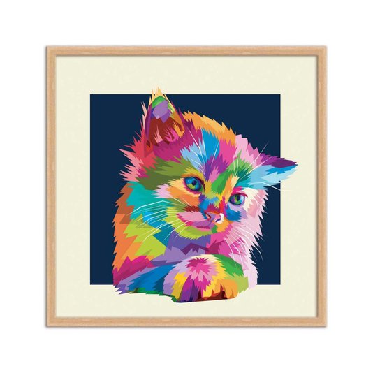 Quadro Decorativo Gatinho Fofo Pop Art e Colorido Fundo Bege