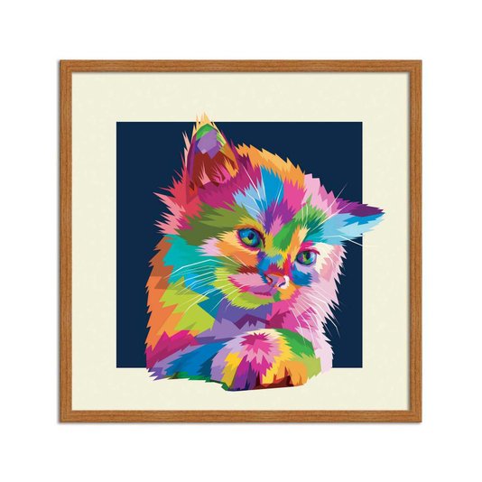 Quadro Decorativo Gatinho Fofo Pop Art e Colorido Fundo Bege
