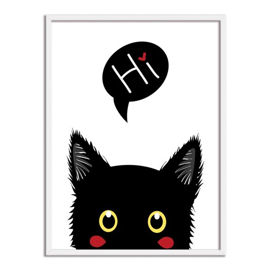 Quadro Decorativo Gato Preto Bochechas Vermelhas Frase: "Hi"