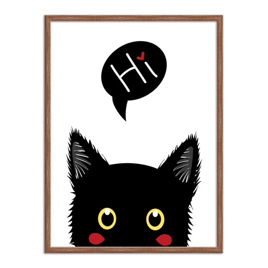 Quadro Decorativo Gato Preto Bochechas Vermelhas Frase: "Hi"