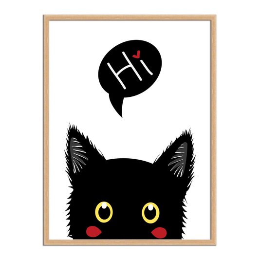 Quadro Decorativo Gato Preto Bochechas Vermelhas Frase: "Hi"
