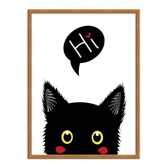 Quadro Decorativo Gato Preto Bochechas Vermelhas Frase: "Hi"