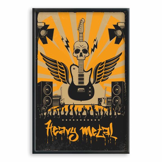 Quadro Decorativo Heavy Metal Laranja Com Guitarra Asas E Crânio