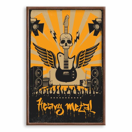 Quadro Decorativo Heavy Metal Laranja Com Guitarra Asas E Crânio