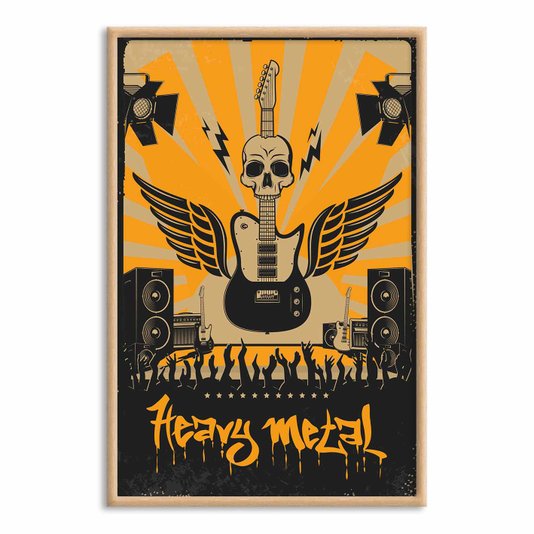 Quadro Decorativo Heavy Metal Laranja Com Guitarra Asas E Crânio