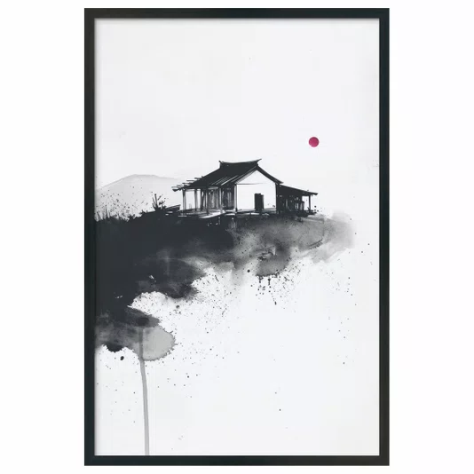 Quadro Decorativo Ie Taiyo Pintura de Casa com o Sol ao fundo no Estilo Sumiê
