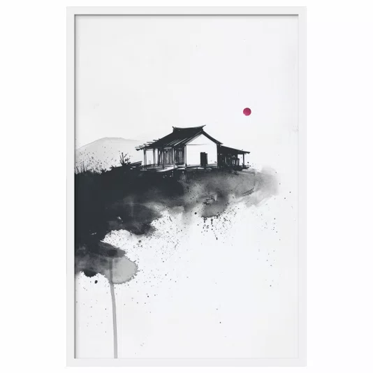 Quadro Decorativo Ie Taiyo Pintura de Casa com o Sol ao fundo no Estilo Sumiê